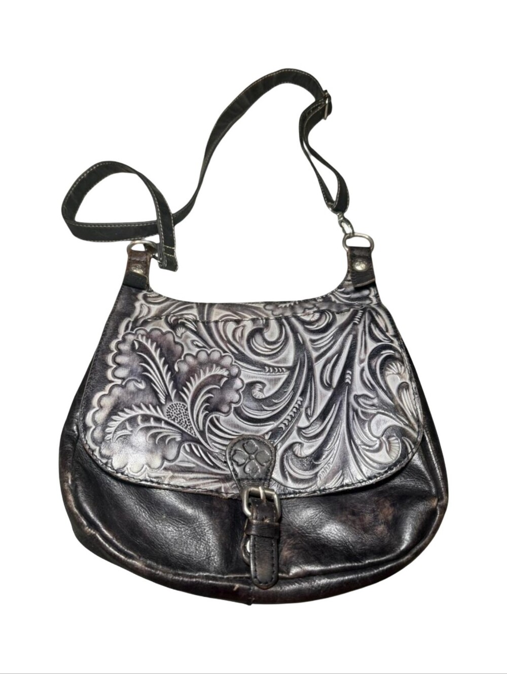 Patricia Nash Black Tooled Leather Floral Crossbody Saddle Bag Handcrafted